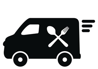food distribution, car with shape spoon and fork, isolated vector icon, black and white colors, eps.