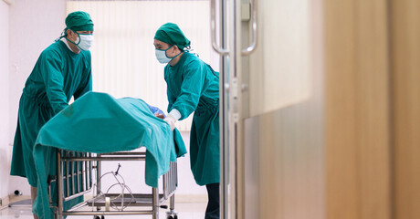 Emergency asian medical wheeling patient for the surgery at the hospital