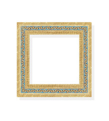 Gold yellow picture frame decorative on blue glass  with engraving patterns isolated on white background , clipping path