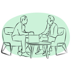 Business people discussing on laptop in lobby. Line art.