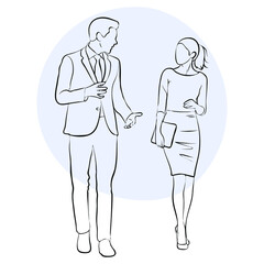 Businessman and Businesswoman Walking and Discussing.
