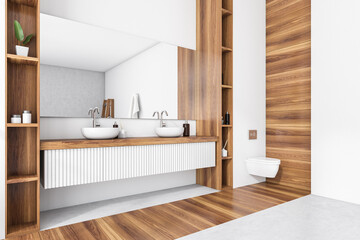 Corner view on bright bathroom interior with toilet, shelves