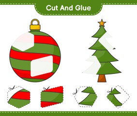 Cut and glue, cut parts of Christmas Tree, Christmas Ball and glue them. Educational children game, printable worksheet, vector illustration