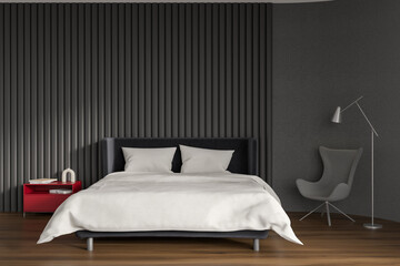 Grey bedroom interior with bed, seat and decoration. Copy space