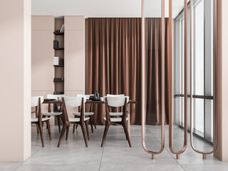 Light eating room interior with chairs and window, shelf with decoration