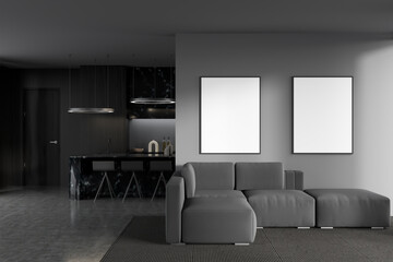 Kitchen interior with sofa and cooking space with island. Mock up frames