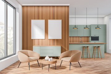 Light kitchen interior with seats and countertop, panoramic window. Mockup frames