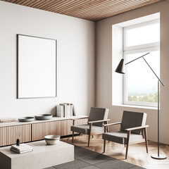 Light guest room interior with seats and window. Mockup frame