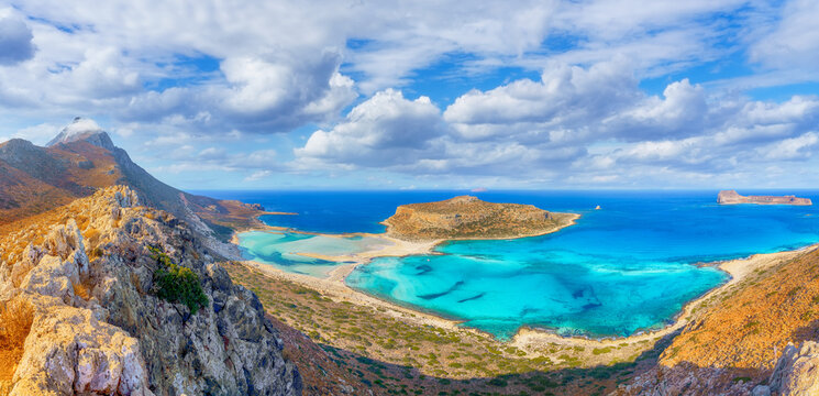 Amazing landscape with Balos Lagoon beach and Gramvousa island on Crete, Greece
