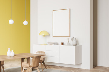 Light chill room interior with seats, drawer and decoration. Mockup frame