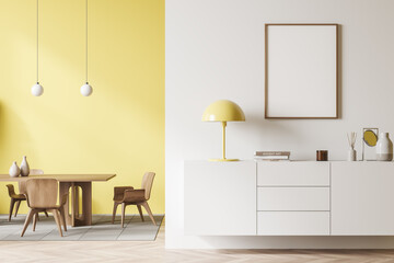 Light guest room interior with seats, drawer and decoration. Mockup frame