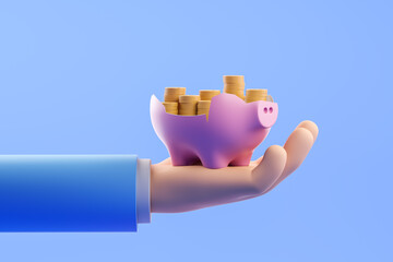 Man hand with piggy bank full of gold coins on light background