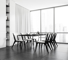 Light eating room interior with chairs and panoramic window, table with dishes