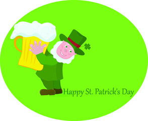 Happy day St Patrik  poster with traditional holiday attribute in green colors  leprechaunholding a beer mug with froth ,   in hat  with clover luck  shamrock,  text and copy space   