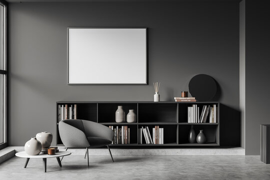 Grey relax room interior with armchair and shelf, coffee table and mockup poster