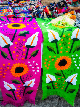 Traditional and colourful Mexican textile souvenirs on display at the market in the colonial town of Chiapa de Corzo, Chiapas state, southern Mexico, Yucatan Peninsula.