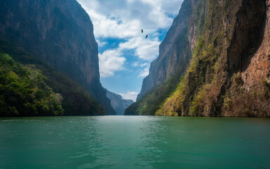 Sumidero Canyon is a deep natural canyon located on Grijalva River in Chiapas, Southern Mexico. The Canyon's vertical walls can get up to 1,000m high and are covered with medium deciduous rainforest.