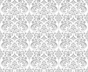 Fototapeta na wymiar Wallpaper in the style of Baroque. Seamless vector background. White and gray floral ornament. Graphic pattern for fabric, wallpaper, packaging. Ornate Damask flower ornament.