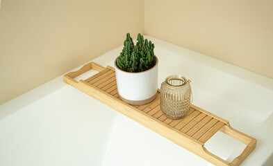 Wooden shelf stand for a bath close-up.