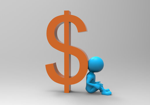 3d rendering of one cutie sitting beside an big Dollar sign