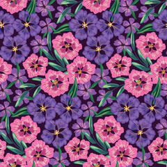 Ornate flowering meadow with purple and pink flowers, leaves on a dark field. Seamless pattern, summer floral print with various hand drawn plants. Botanical background, vector illustration.
