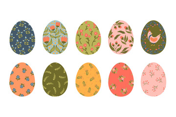 Easter eggs with floral texture collection. Happy Easter eggs card. Vector hand drawn Illustration isolated on white background. Spring holiday. Traditional religious holiday celebration.