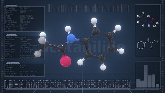 Acetanilide molecule with description on the computer screen, 3d rendering