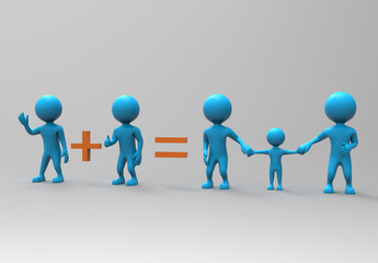 3d rendering of an group of balloon head cuties, showing a simple math problem