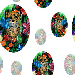 Beautiful tropical garden in the form of an oval, affectionate cheetah on a white background, a watercolor pattern for your design and interior