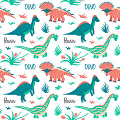 Seamless exotic dinosaur pattern surrounded by plants and grass