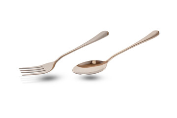 Stainless steel spoon and fork on white background isolated. Stainless steel tableware