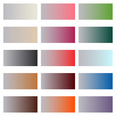 Gradient backgrounds for print and design. Color transition from gray to other colors. Vector graphics. Set of 15 pieces.