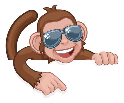Monkey Sunglasses Cartoon Animal Pointing At Sign