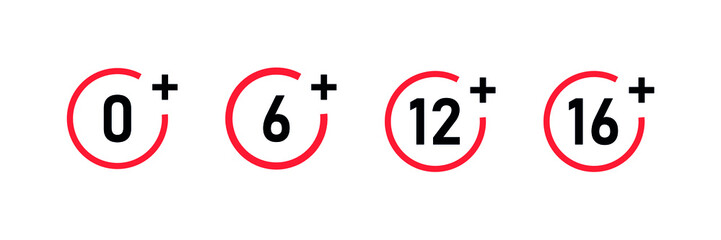 Age limit for children sign. Set of age restriction icons. Censure warning. Vector illustration on white