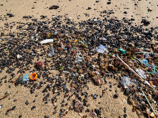 A beach overflowing with rubbish. plastic waste and environmental pollution