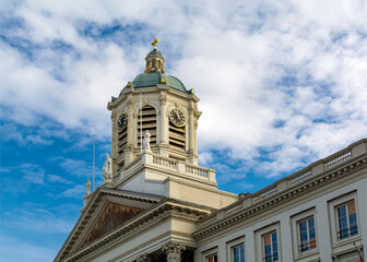 Bell tower of Saint Jacques-sur-Coudenberg church  located in the historic square of Olace Royale, Brussels, Belgium