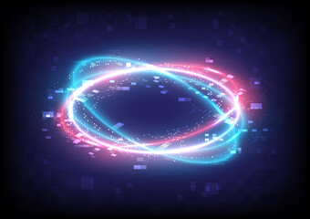 Glitch and pixels. Technology glowing swirl light effect. Power energy of circular element. Luminous sci-fi. Shining neon lights cosmic. Futuristic swirl universe trail effect. Magic frame
