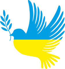 Bird-shaped icon with Ukrainian flag. Peace dove with olive branch. Flat style vector illustration  isolated.