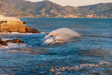 storm surge at sunset in Genoa in Liguria, Italy - 493748736