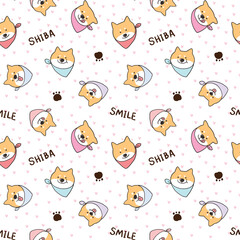 Seamless Pattern of Cute Cartoon Shiba Inu Face Design on White Background with Pink Hearts