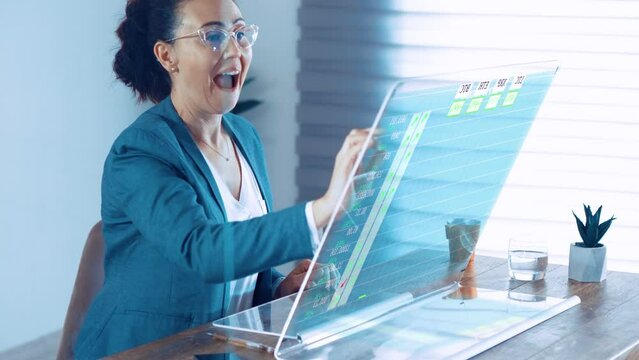 Female Cryptocurrency trader looking at Transparent Display Computer and rejoices because price soared up. Success  concept on cryptocurrency and stock market. Stock Market Chart - Powered by Adobe