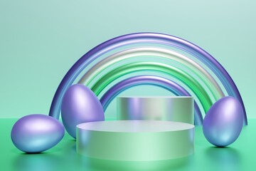 3d render of purple eggs and shiny podiums on a mint and blue background