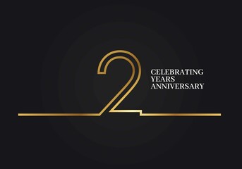 2 Years Anniversary logotype with golden colored font numbers made of one connected line, isolated on black background for company celebration event, birthday