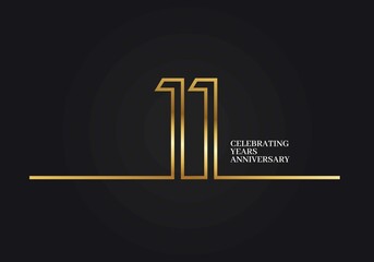 11 Years Anniversary logotype with golden colored font numbers made of one connected line, isolated on black background for company celebration event, birthday