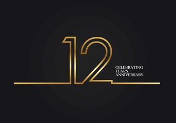 12 Years Anniversary logotype with golden colored font numbers made of one connected line, isolated on black background for company celebration event, birthday