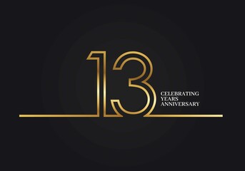 13 Years Anniversary logotype with golden colored font numbers made of one connected line, isolated on black background for company celebration event, birthday - obrazy, fototapety, plakaty