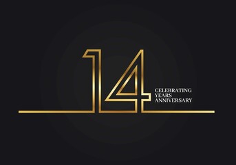 14 Years Anniversary logotype with golden colored font numbers made of one connected line, isolated on black background for company celebration event, birthday - obrazy, fototapety, plakaty