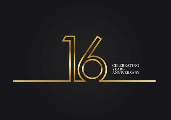 16 Years Anniversary logotype with golden colored font numbers made of one connected line, isolated on black background for company celebration event, birthday - obrazy, fototapety, plakaty