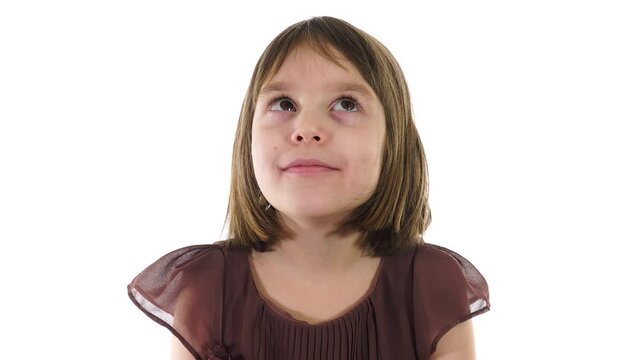 The eye roll sign. Little girl rolling her eyes when she trying to express whatever. White background.