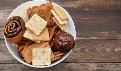 Pastries on a wooden backdrop template